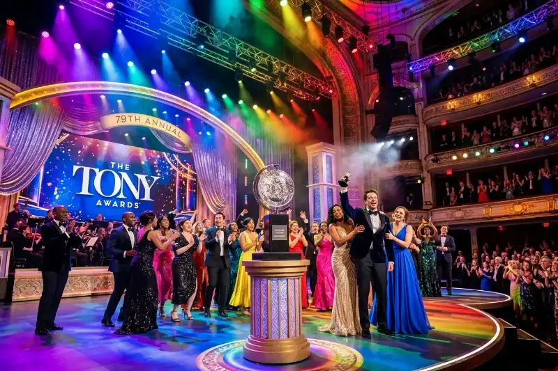 The Tony Awards statue on a stage with rainbow lighting, symbolizing LGBTQ representation on Broadway.