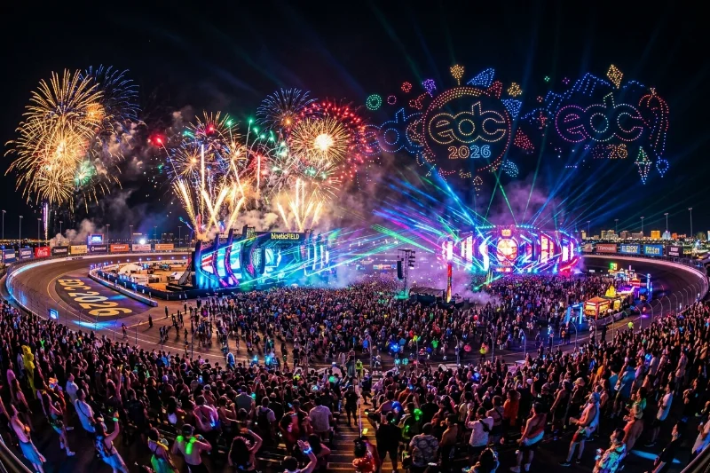 A vibrant night view of the Electric Daisy Carnival 2026 in Las Vegas featuring fireworks and neon stages.