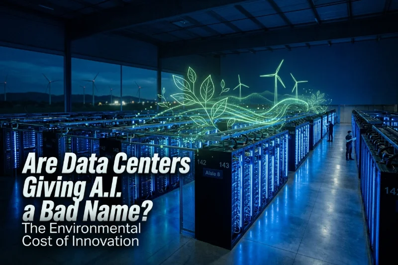 A futuristic data center interior with high-performance servers and glowing blue lights, representing AI infrastructure.