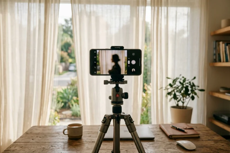 A high-end smartphone on a tripod used for professional artistic videography in a bright, soft-lit room.