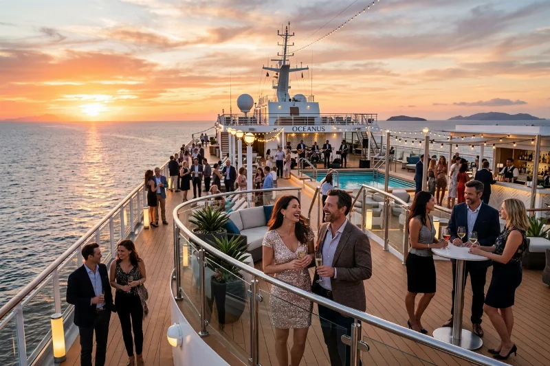 A luxury cruise ship deck hosting an elegant adult social event at sunset with ocean views.