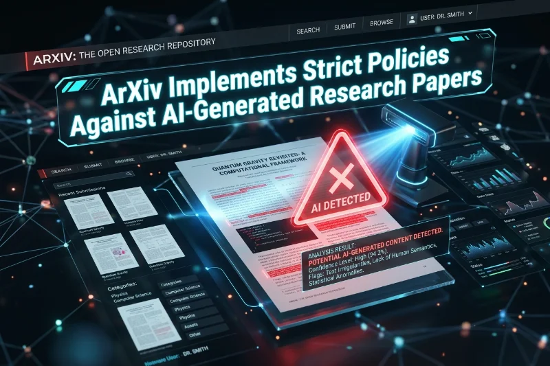 A digital visual representing ArXiv's detection of AI-generated research papers.