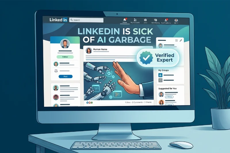 Illustration of LinkedIn prioritizing human expertise over AI-generated content.