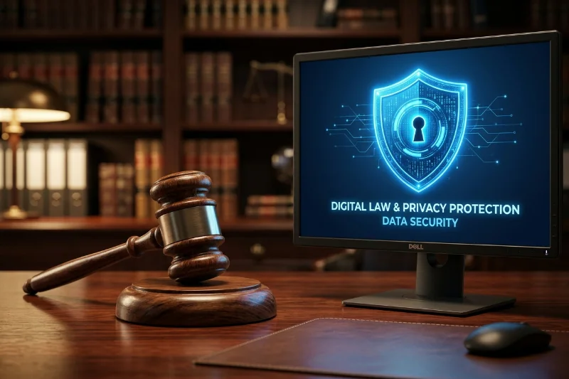 A legal gavel and a digital privacy shield representing the process of requesting content takedowns.