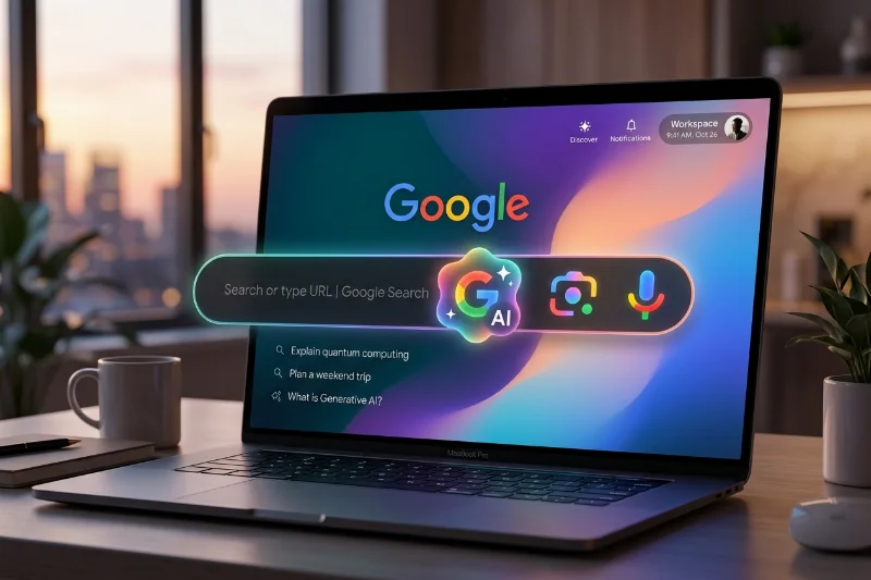 A modern redesigned Google search bar with AI and multi-modal icons.