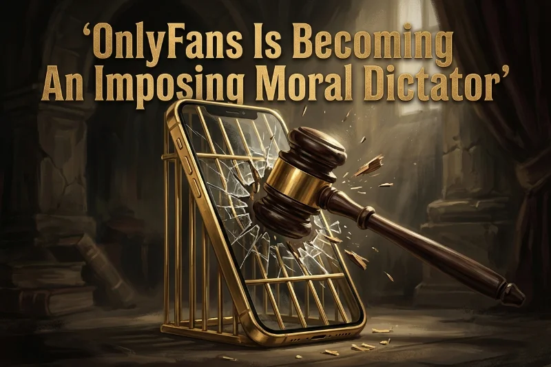 A smartphone inside a gold cage with a judge's gavel striking the screen, symbolizing digital censorship.