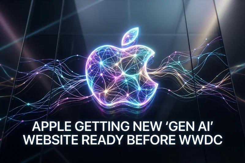 Futuristic Apple logo with iridescent AI neural patterns representing generative AI technology.
