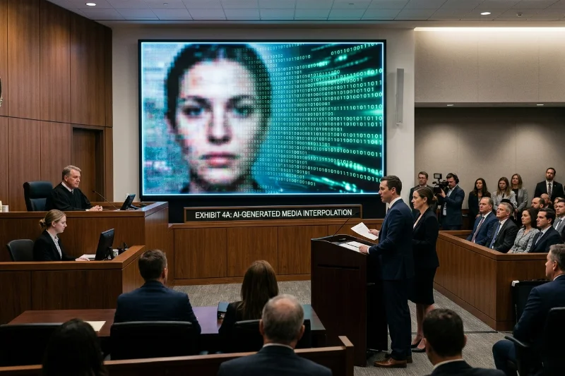 An illustration representing the legal prosecution of AI-generated deepfakes in a courtroom.
