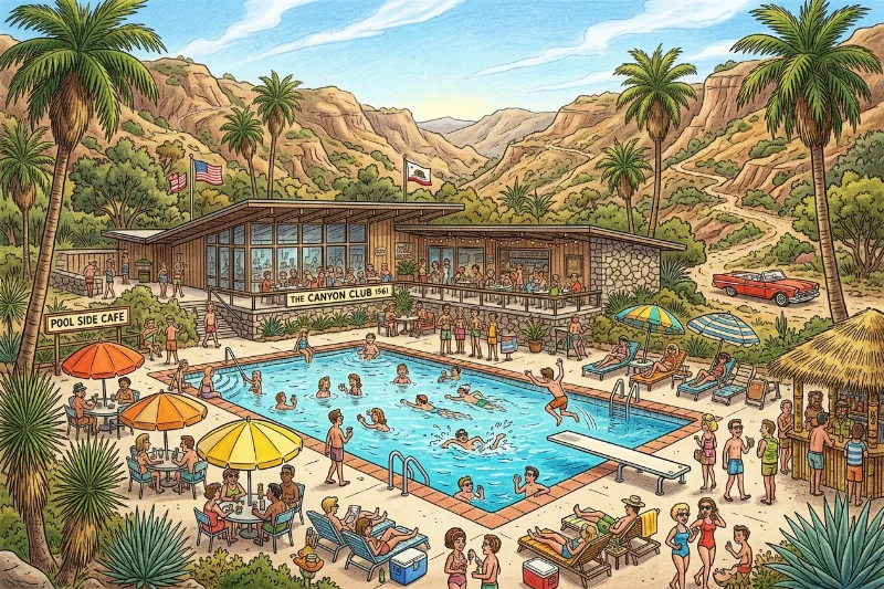 A nostalgic illustration of the historic Glen Eden Sun Club grounds in Corona, California.