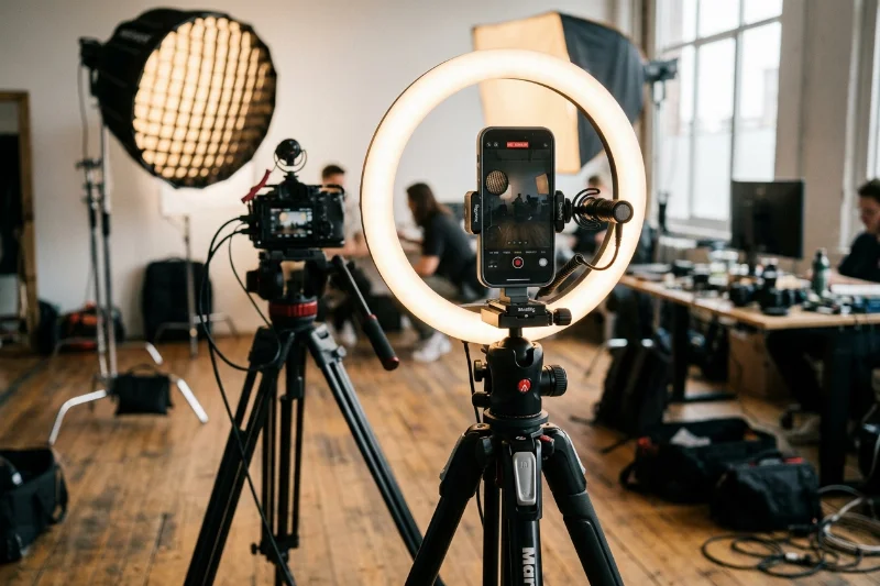 A professional mobile studio setup for adult content creators featuring a phone and ring light.