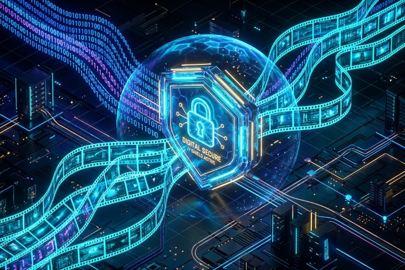 A conceptual image representing video stream security with digital shields and data encryption layers.