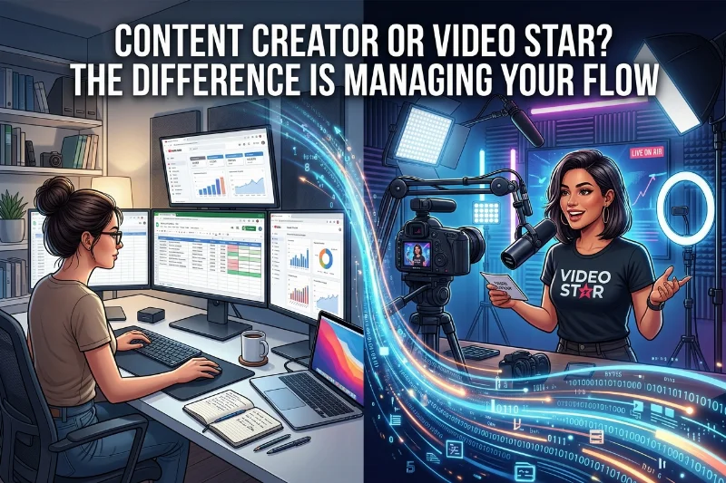 Comparison between the strategic backend of a content creator and the high-energy performance of a video star.