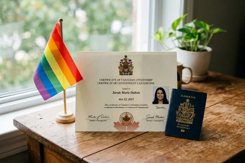 A Canadian citizenship certificate and passport next to a pride flag on a desk.