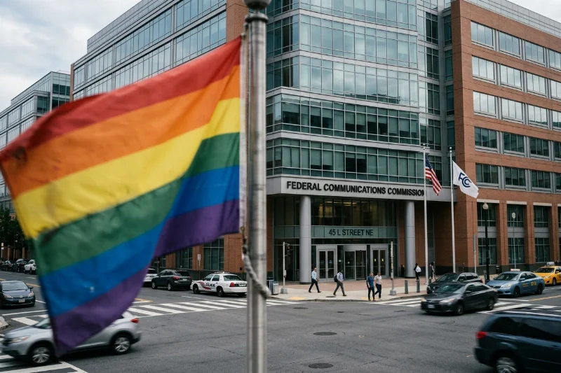 The FCC headquarters in Washington D.C. with a symbolic rainbow flag in the foreground representing the LGBTQ+ advocacy coalition.