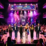 A group of LGBTQ comedians bowing on a brightly lit stage at the OUT Loud Comedy Festival.