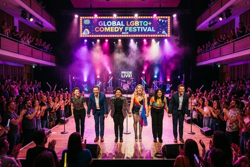 A group of LGBTQ comedians bowing on a brightly lit stage at the OUT Loud Comedy Festival.