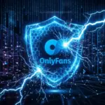 Illustration of a digital security shield representing OnlyFans under a cyber attack.