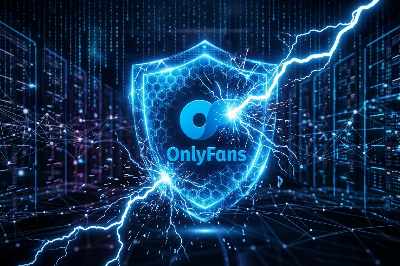 Illustration of a digital security shield representing OnlyFans under a cyber attack.