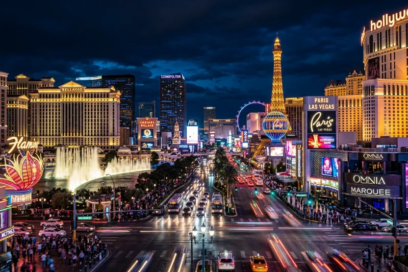 The Las Vegas strip at night with glowing neon signs and luxury club facades.