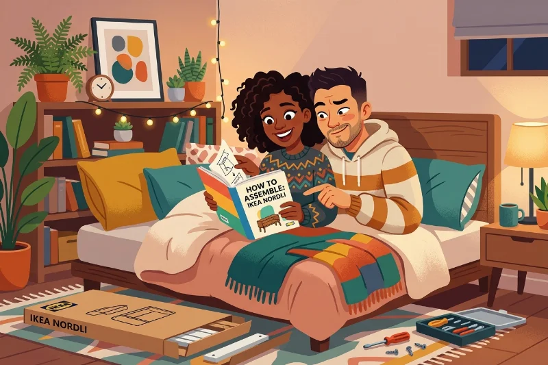 Illustration of a couple exploring new bedroom ideas with a humorous tone.