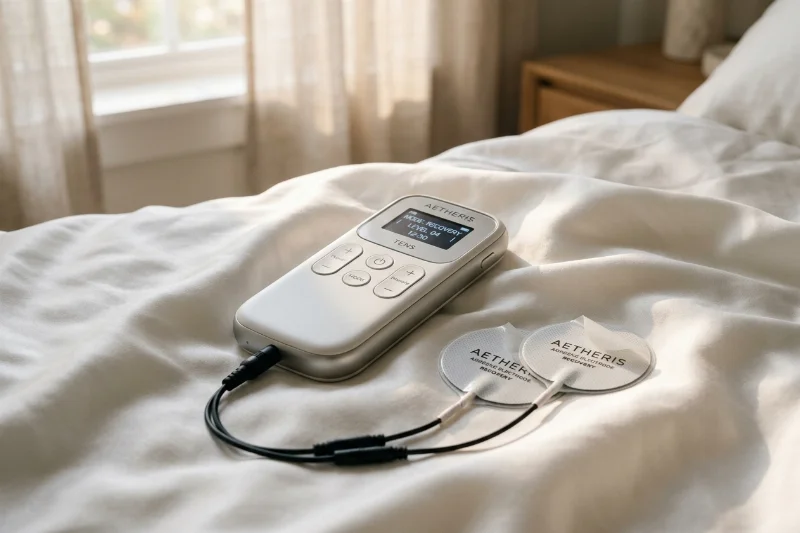 An electronic muscle stimulation device for sexual wellness on white silk.