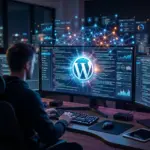 A digital representation of AI coding and WordPress plugin architecture.