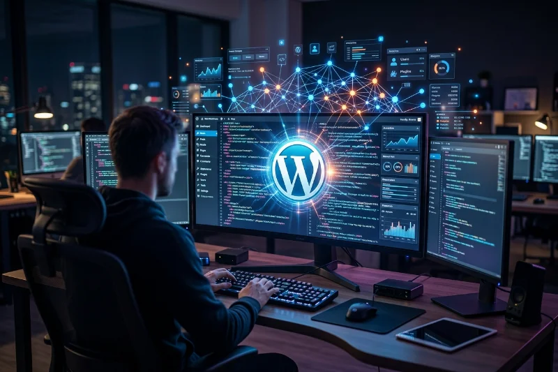 A digital representation of AI coding and WordPress plugin architecture.