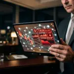 Digital tablet showing expensive AI network data and financial charts in a corporate setting.