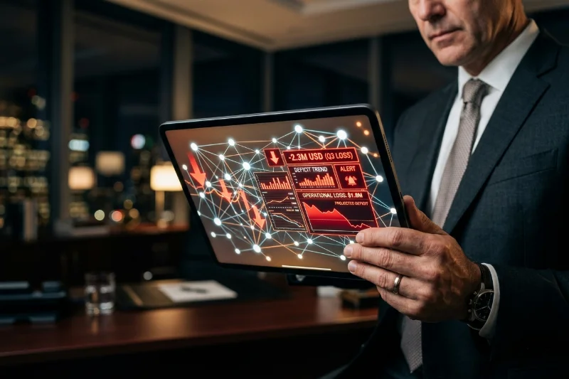 Digital tablet showing expensive AI network data and financial charts in a corporate setting.
