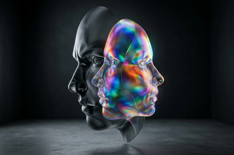 A conceptual illustration showing the psychological complexity of hidden identity and outward emotion.