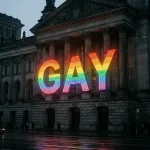 A colorful neon sign saying 'GAY' in front of a grey, traditional political building.