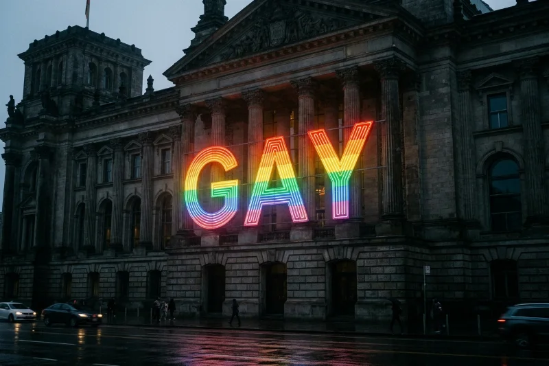 A colorful neon sign saying 'GAY' in front of a grey, traditional political building.