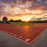 A professional athletics track at sunset focusing on the finish line lanes.