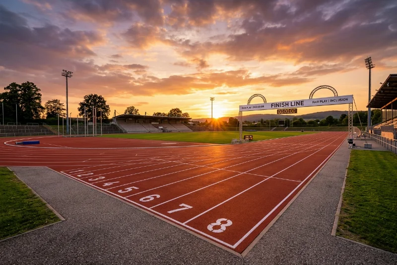 A professional athletics track at sunset focusing on the finish line lanes.
