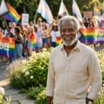 Marcus Thorne, a 60-year-old Black gay advocate, smiling thoughtfully with a Pride pin on his lapel.