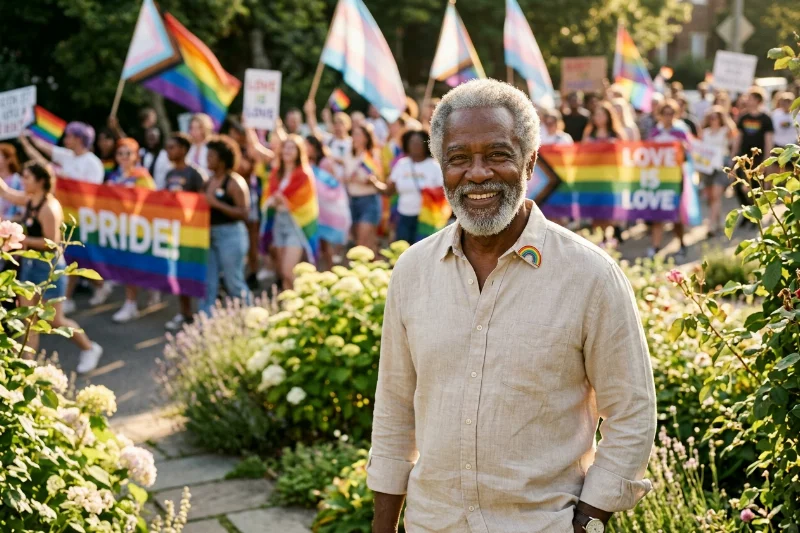 Marcus Thorne, a 60-year-old Black gay advocate, smiling thoughtfully with a Pride pin on his lapel.