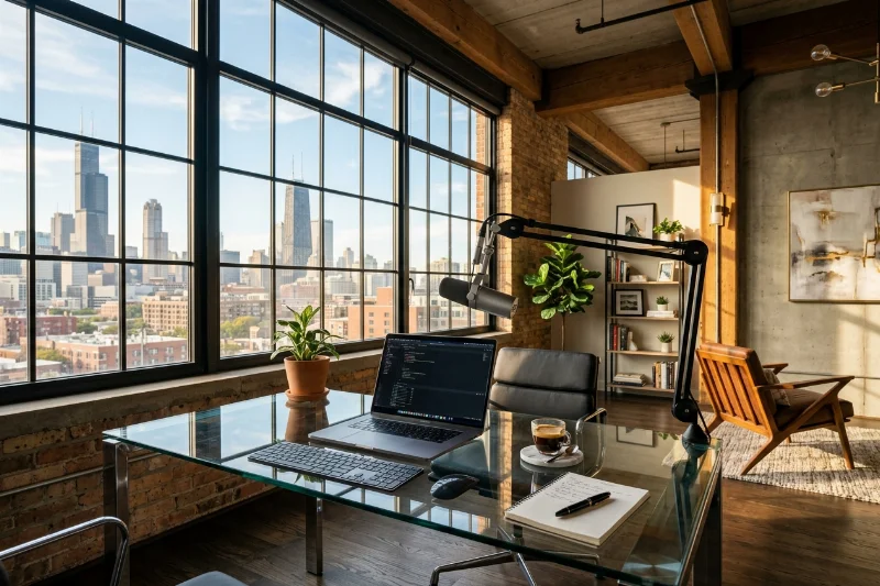 Tamara Nelson's chic Chicago loft workspace featuring content creation tools and a minimalist aesthetic.
