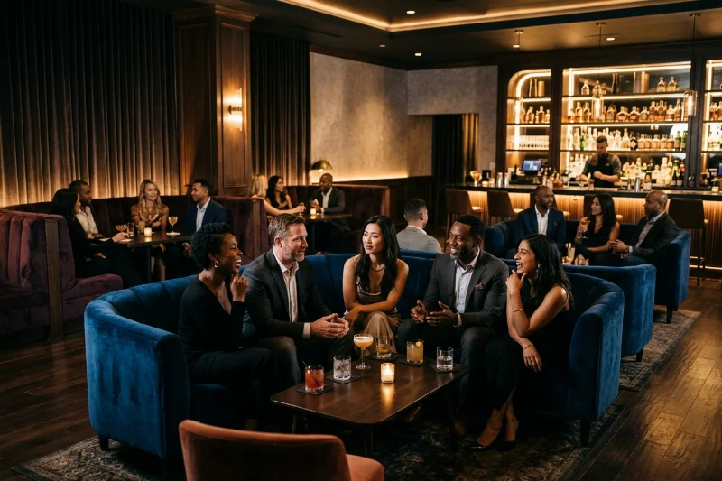 A sophisticated and respectful atmosphere inside a modern lifestyle club lounge.
