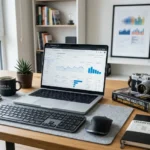 A professional desk setup showing a laptop with business analytics and personal passion items, illustrating data-driven personal branding.
