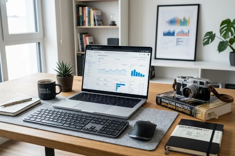 A professional desk setup showing a laptop with business analytics and personal passion items, illustrating data-driven personal branding.