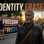 A thoughtful older Black man stands resiliently in front of a changing public sign, symbolizing the fight for LGBTQ+ identity.