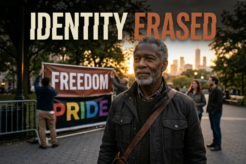 A thoughtful older Black man stands resiliently in front of a changing public sign, symbolizing the fight for LGBTQ+ identity.