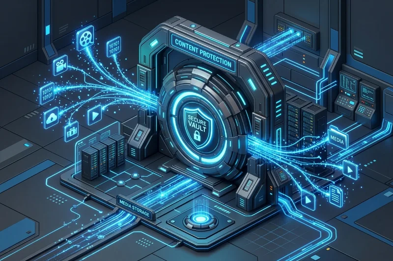 A secure digital vault representing Bunny.net's Media Cage technology for protecting video and media content.
