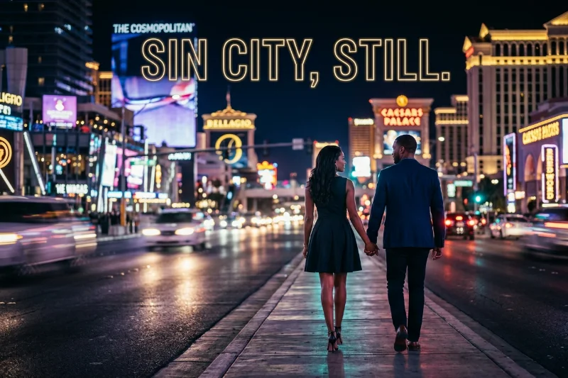 A stylish couple walking toward the neon lights of the Las Vegas strip at night, representing the exploration of Sin City.