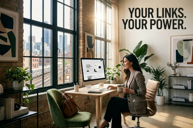 Tamara Nelson designing a custom stand-alone links website in her stylish Chicago loft.
