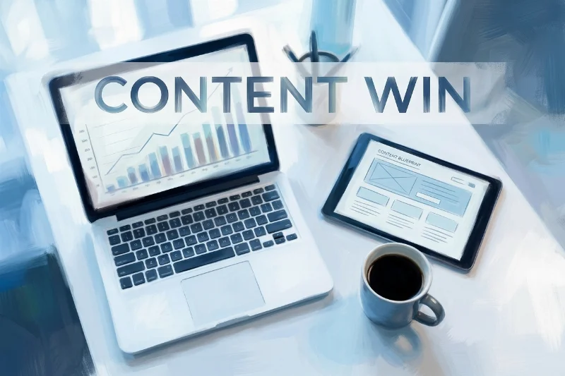 Professional office setup showing SEO analytics and strategic content planning tools.