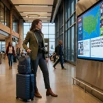 A professional female creator at an airport looking at U.S. visa regulation warnings for the World Cup.