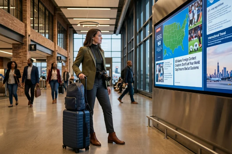 A professional female creator at an airport looking at U.S. visa regulation warnings for the World Cup.
