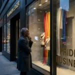A high-end fashion window display with subtle rainbow motifs reflecting a city street and a man observing it.