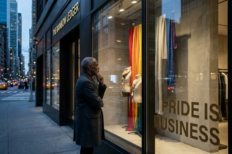 A high-end fashion window display with subtle rainbow motifs reflecting a city street and a man observing it.